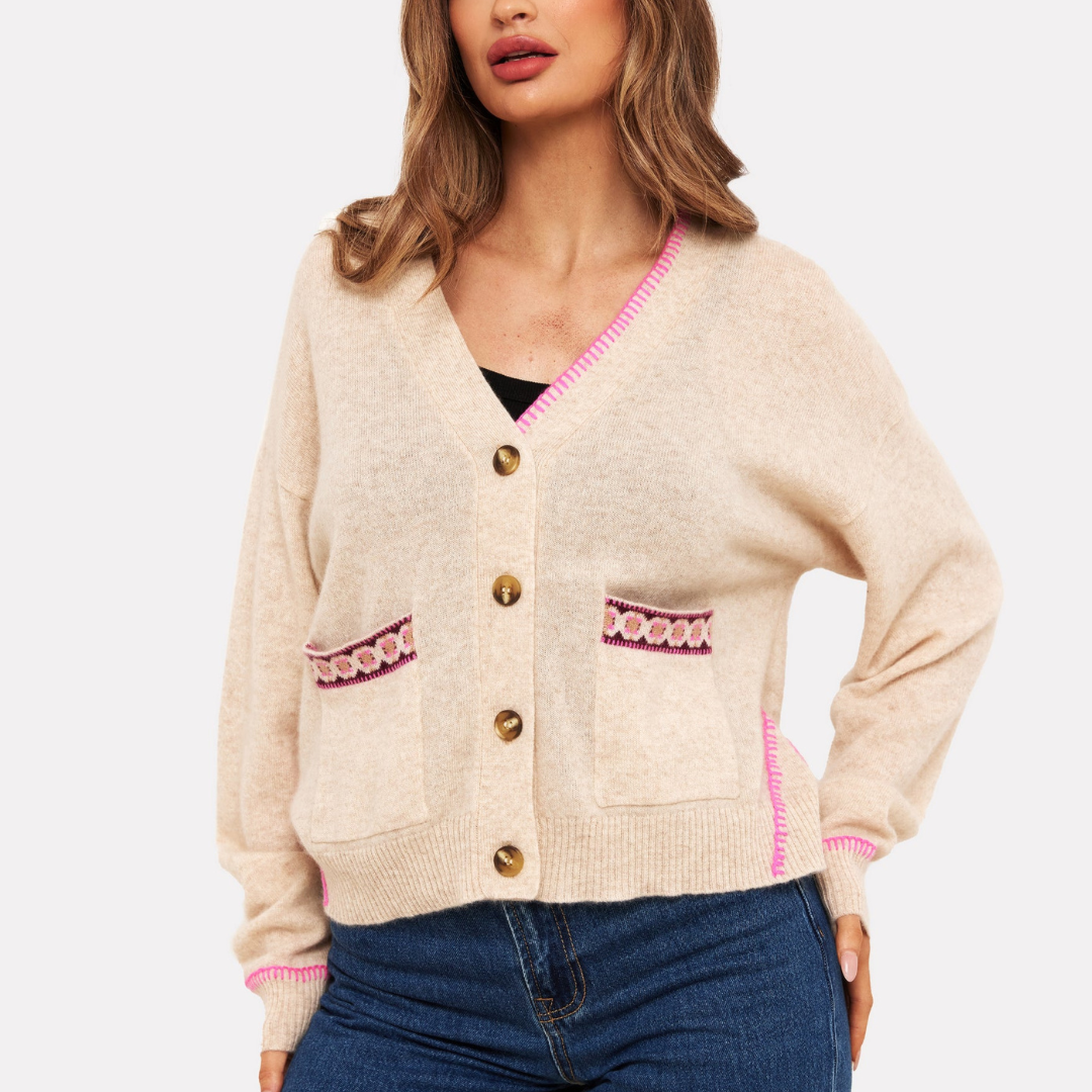 Mila Geo Trim Cashmere Cardigan